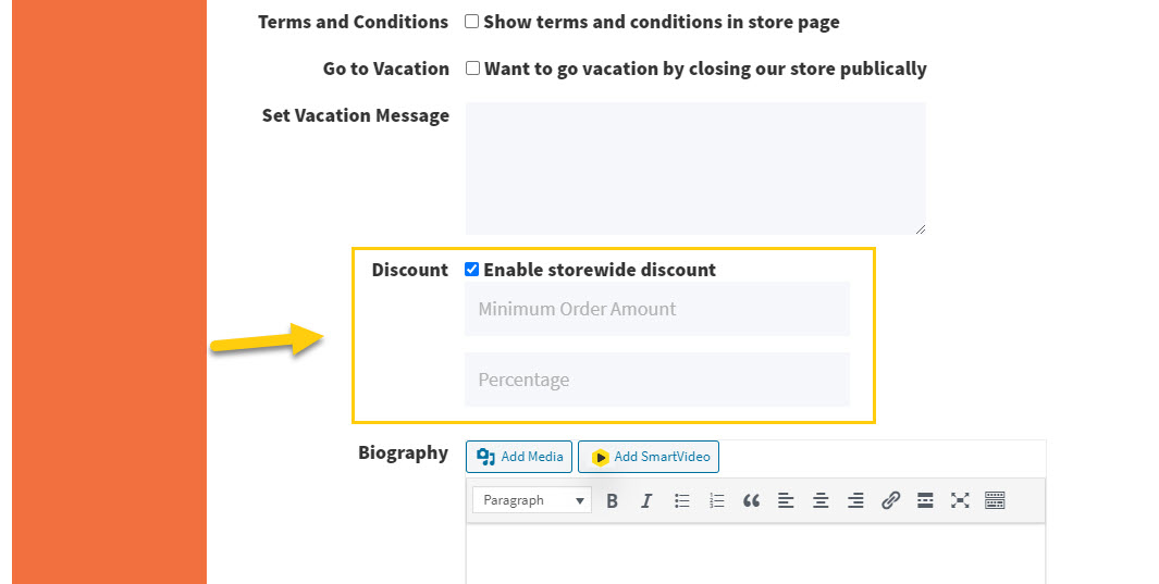 Screenshot of storewide discount checkbox and options