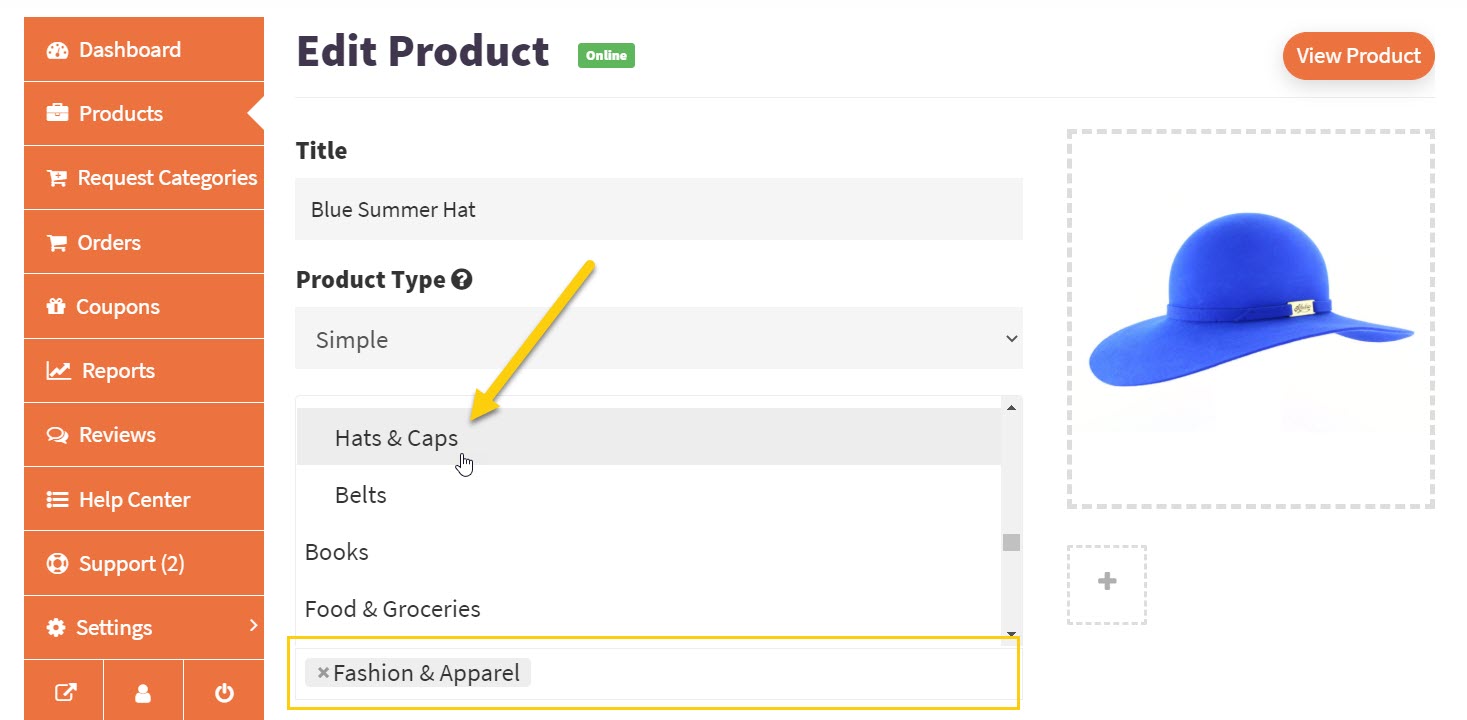Screenshot of selecting product categories in vendor dashboard