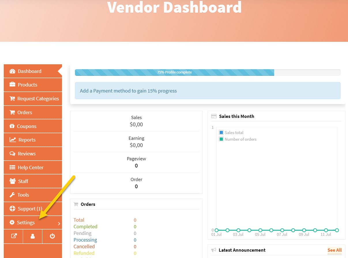Screenshot of vendor dashboard with arrow pointing to 'Settings' menu item