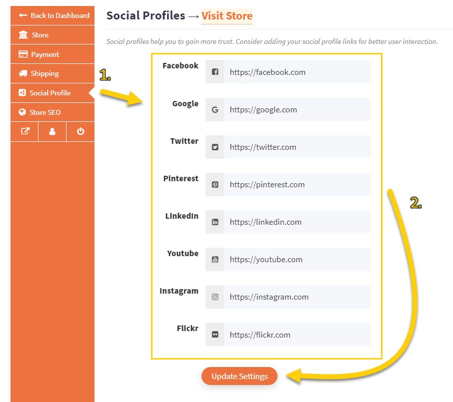 Screenshot of social profile URL input fields