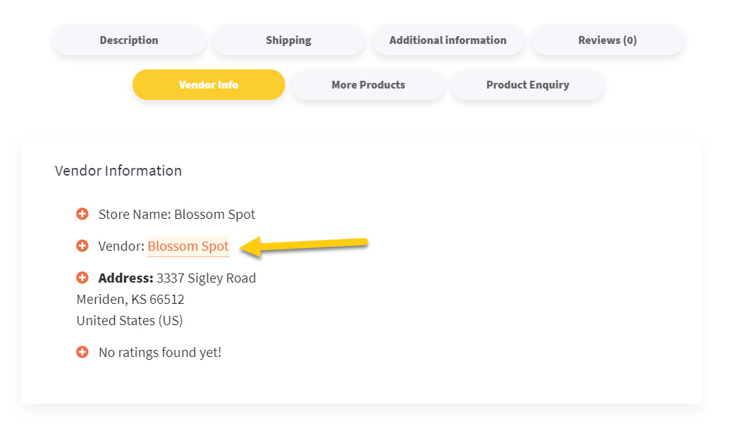 Screenshot of product vendor details with new display name